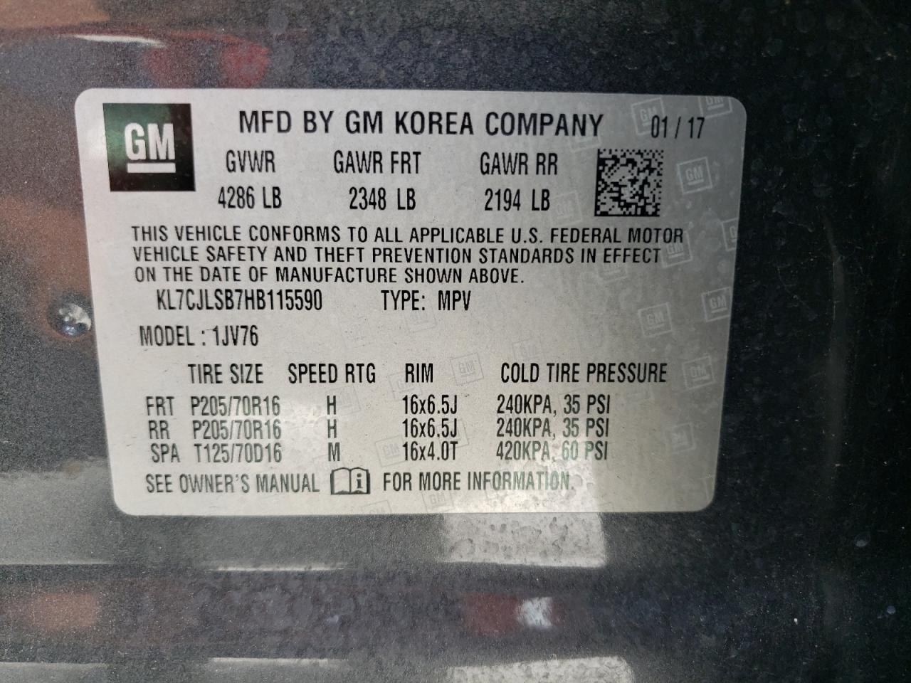 2017 Chevrolet Trax 1Lt VIN: KL7CJLSB7HB115590 Lot: 63879484