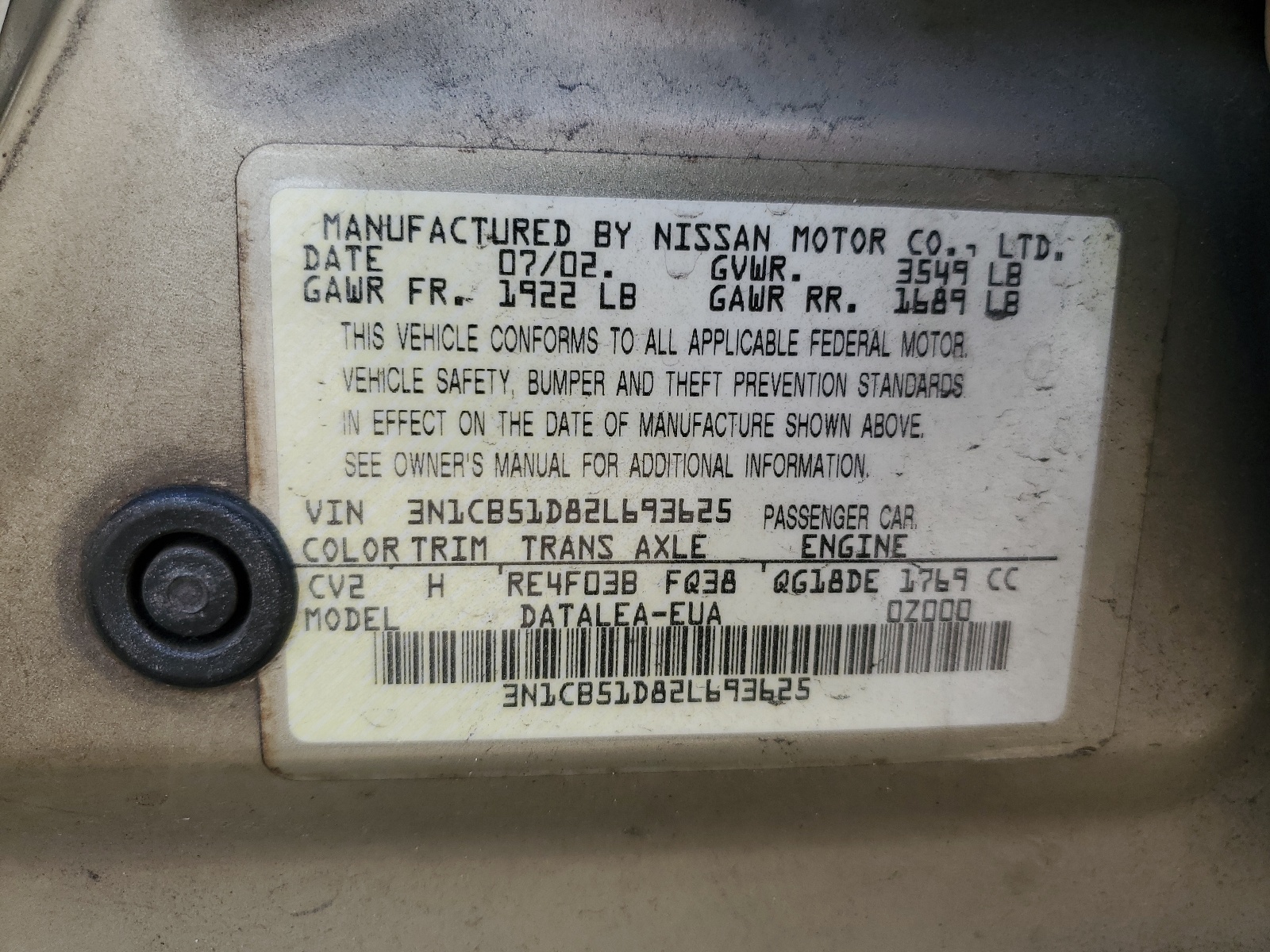 3N1CB51D82L693625 2002 Nissan Sentra Xe