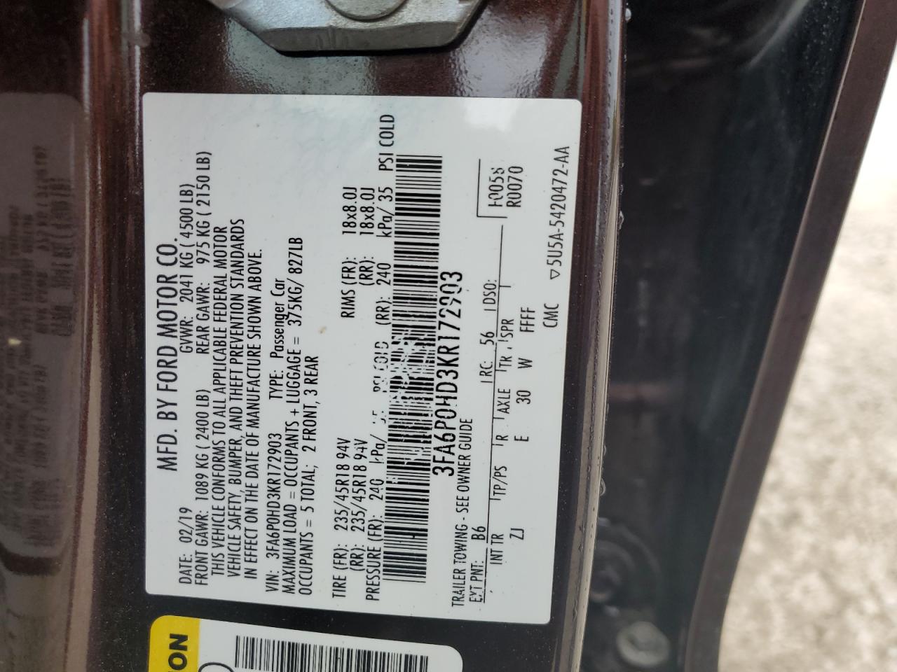 2019 Ford Fusion Se VIN: 3FA6P0HD3KR172903 Lot: 61056434