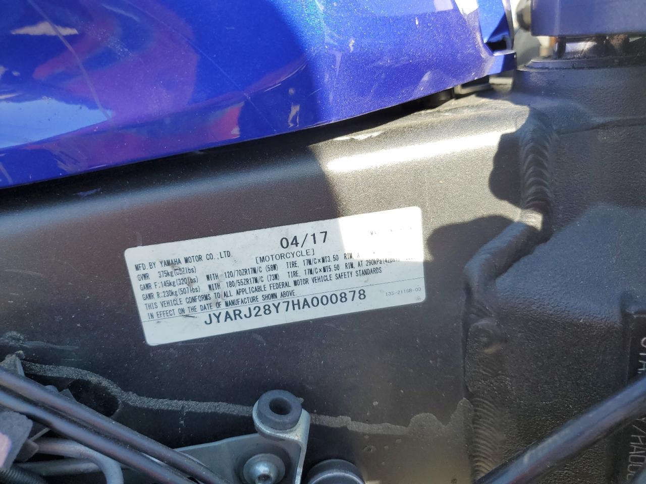 2017 Yamaha Yzfr6 C VIN: JYARJ28Y7HA000878 Lot: 75759124