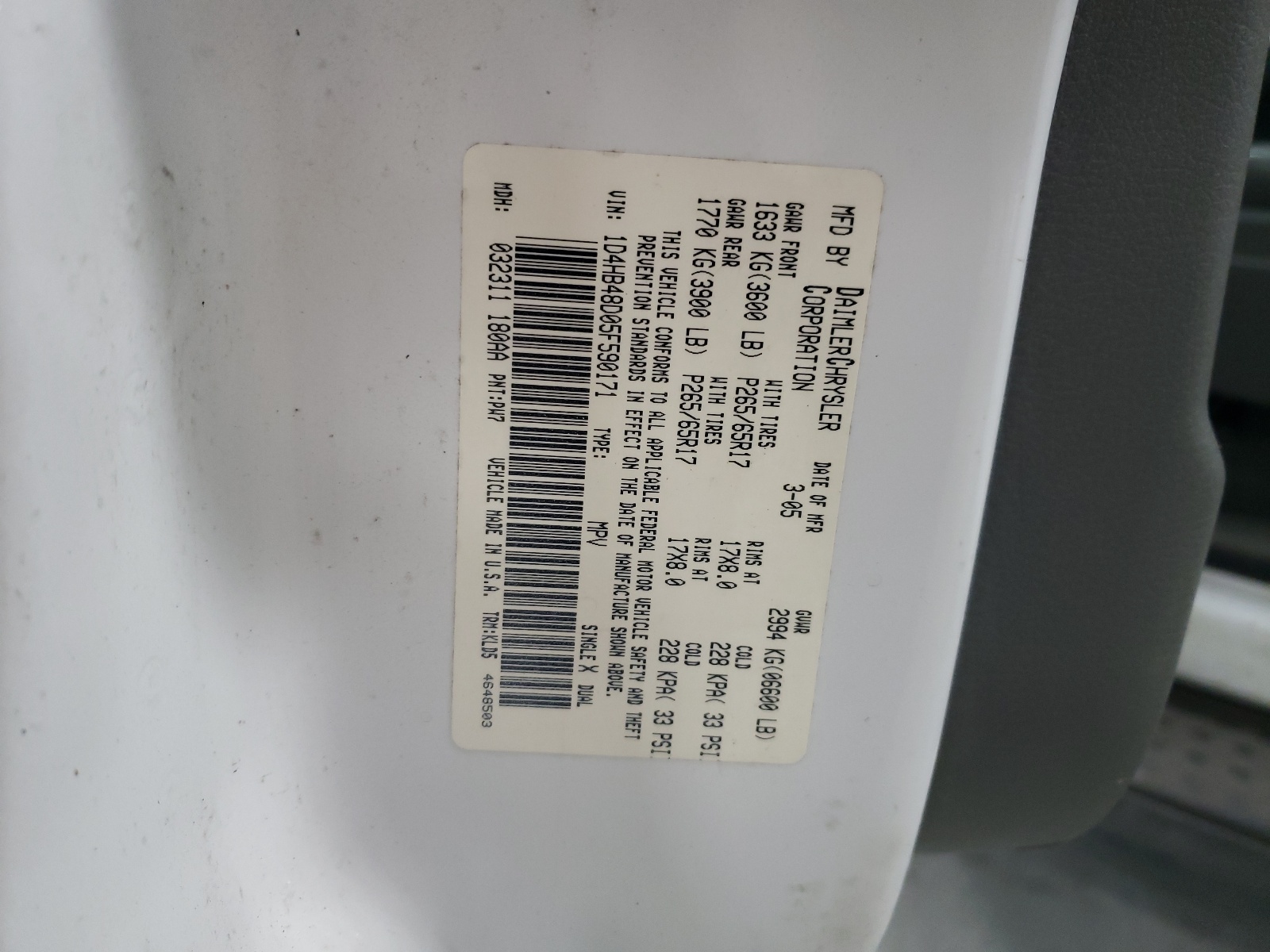 1D4HB48D05F590171 2005 Dodge Durango Slt