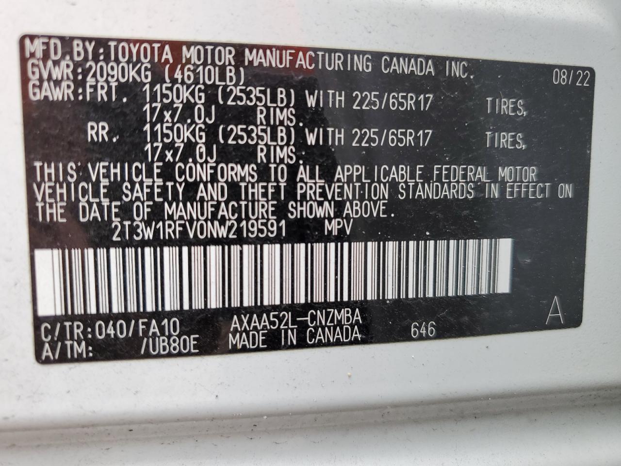 2022 Toyota Rav4 Xle VIN: 2T3W1RFV0NW219591 Lot: 65419184