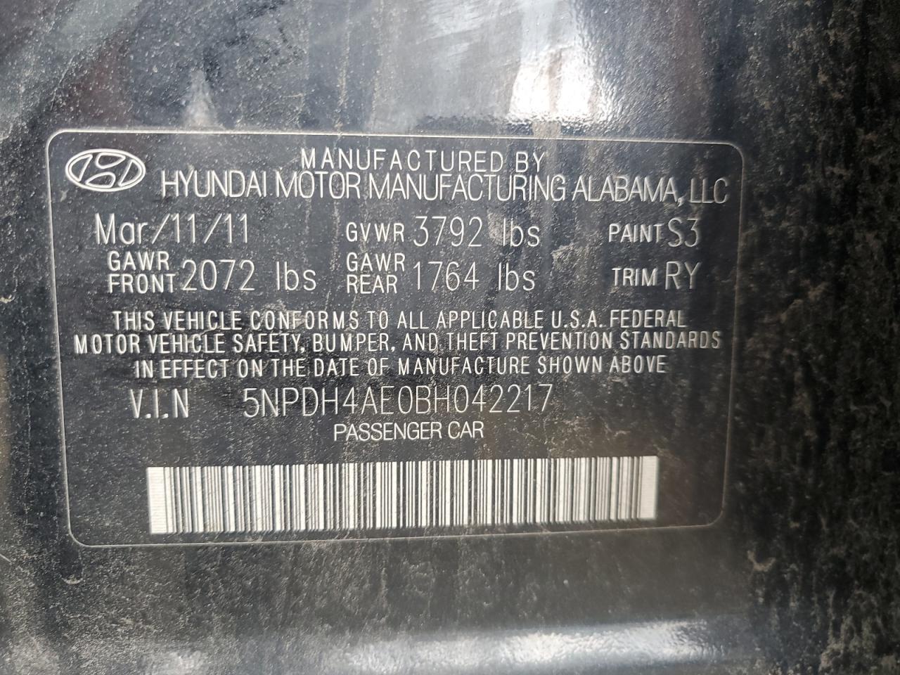 2011 Hyundai Elantra Gls VIN: 5NPDH4AE0BH042217 Lot: 65633624