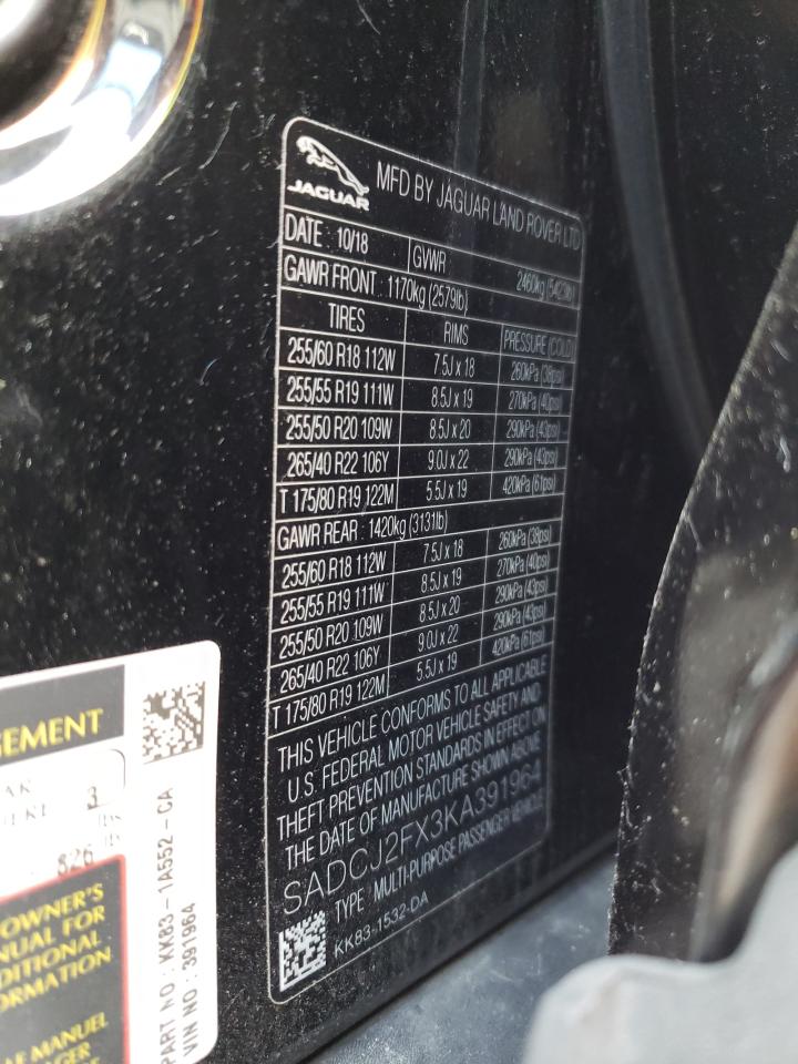 2019 Jaguar F-Pace Premium VIN: SADCJ2FX3KA391964 Lot: 61697114