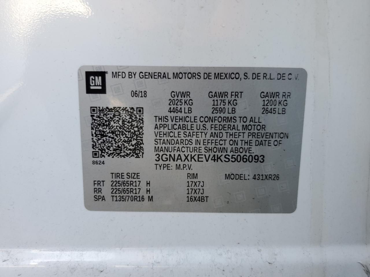 2019 Chevrolet Equinox Lt VIN: 3GNAXKEV4KS506093 Lot: 62238544