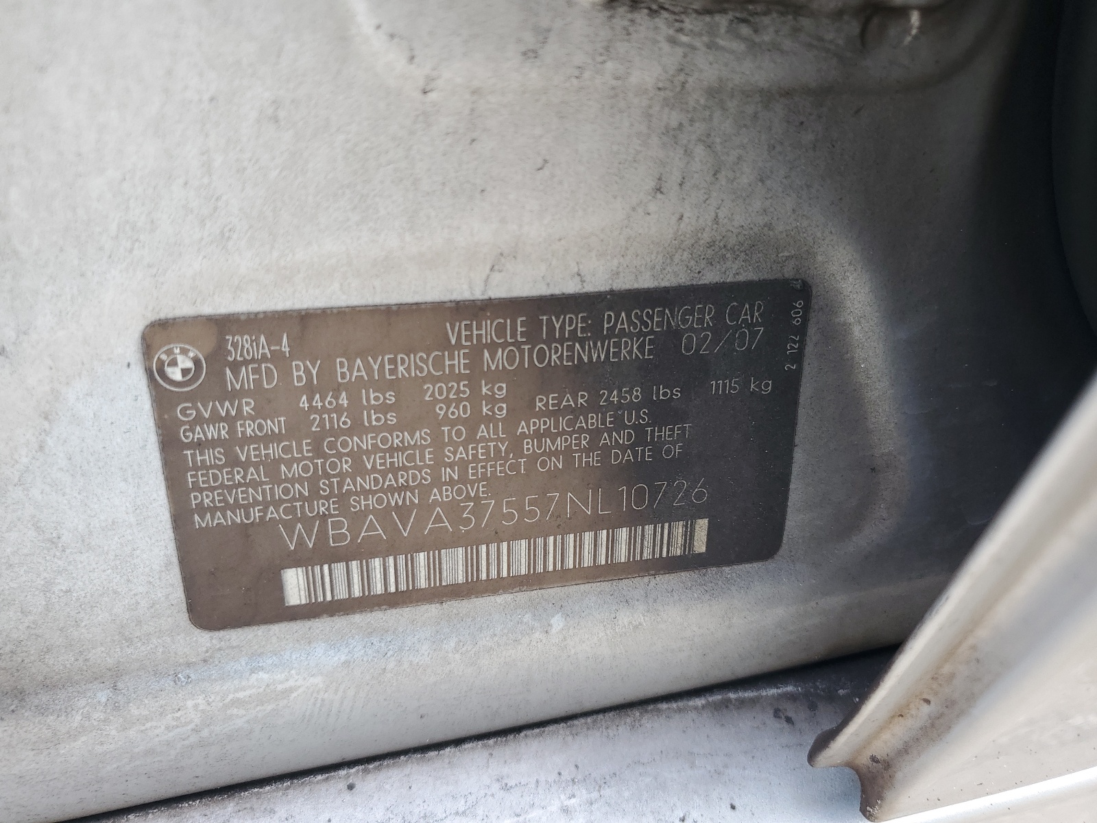 WBAVA37557NL10726 2007 BMW 328 I