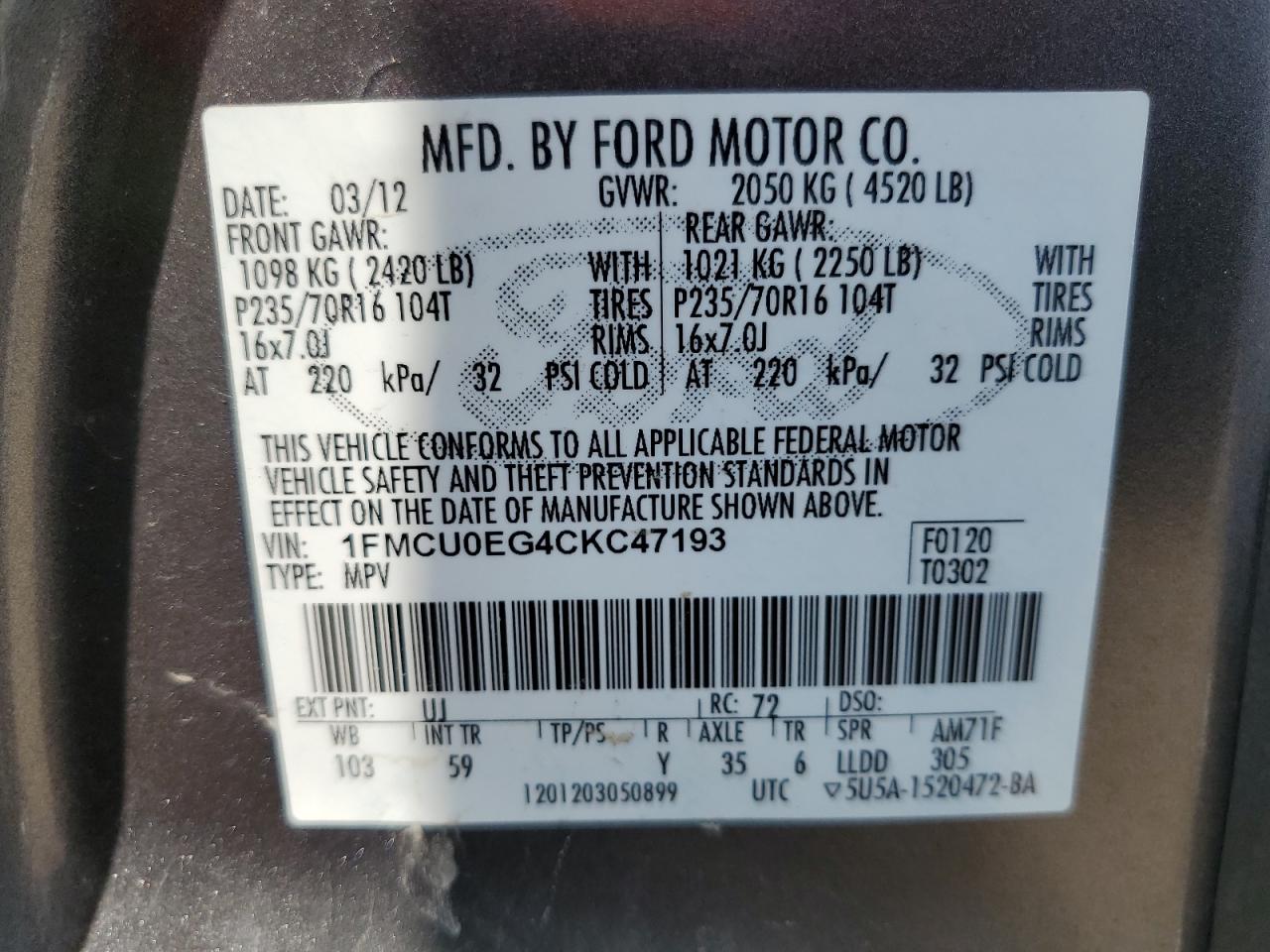 2012 Ford Escape Limited VIN: 1FMCU0EG4CKC47193 Lot: 62635404