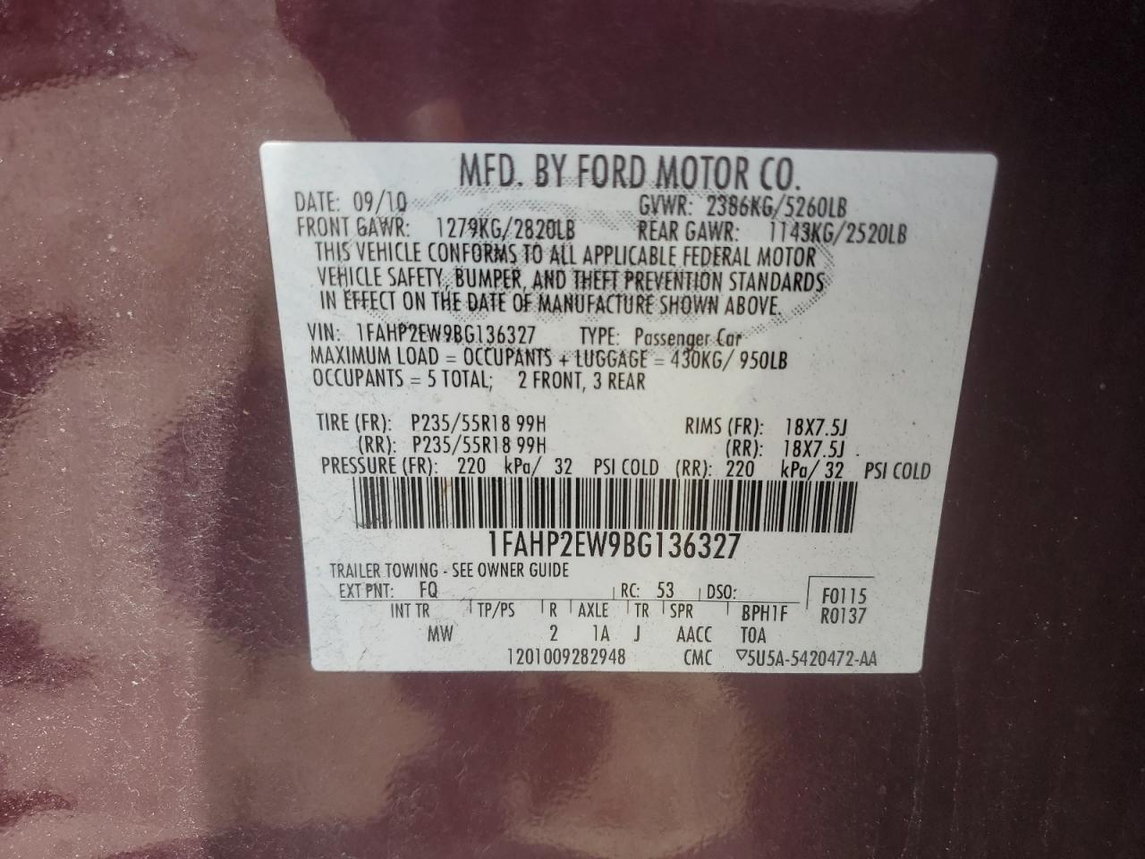 2011 Ford Taurus Sel VIN: 1FAHP2EW9BG136327 Lot: 64013444