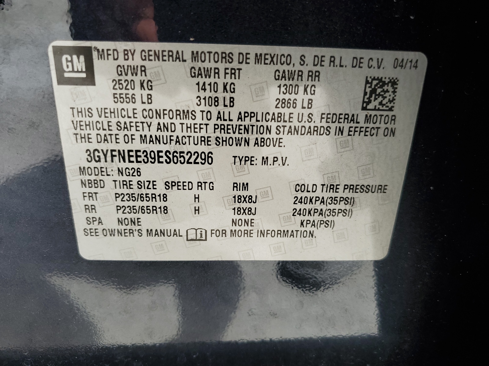 3GYFNEE39ES652296 2014 Cadillac Srx Luxury Collection