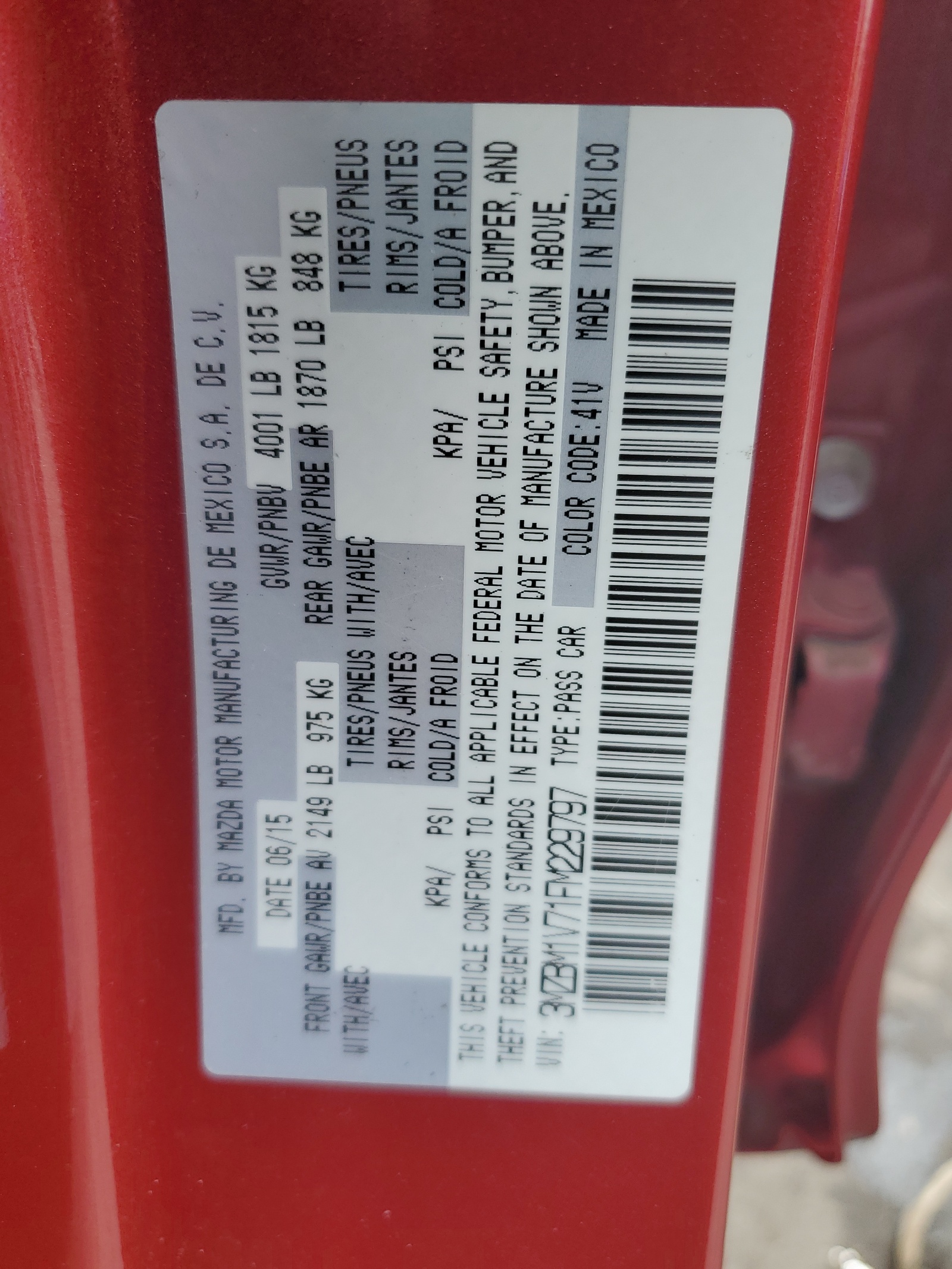 3MZBM1V71FM229797 2015 Mazda 3 Touring