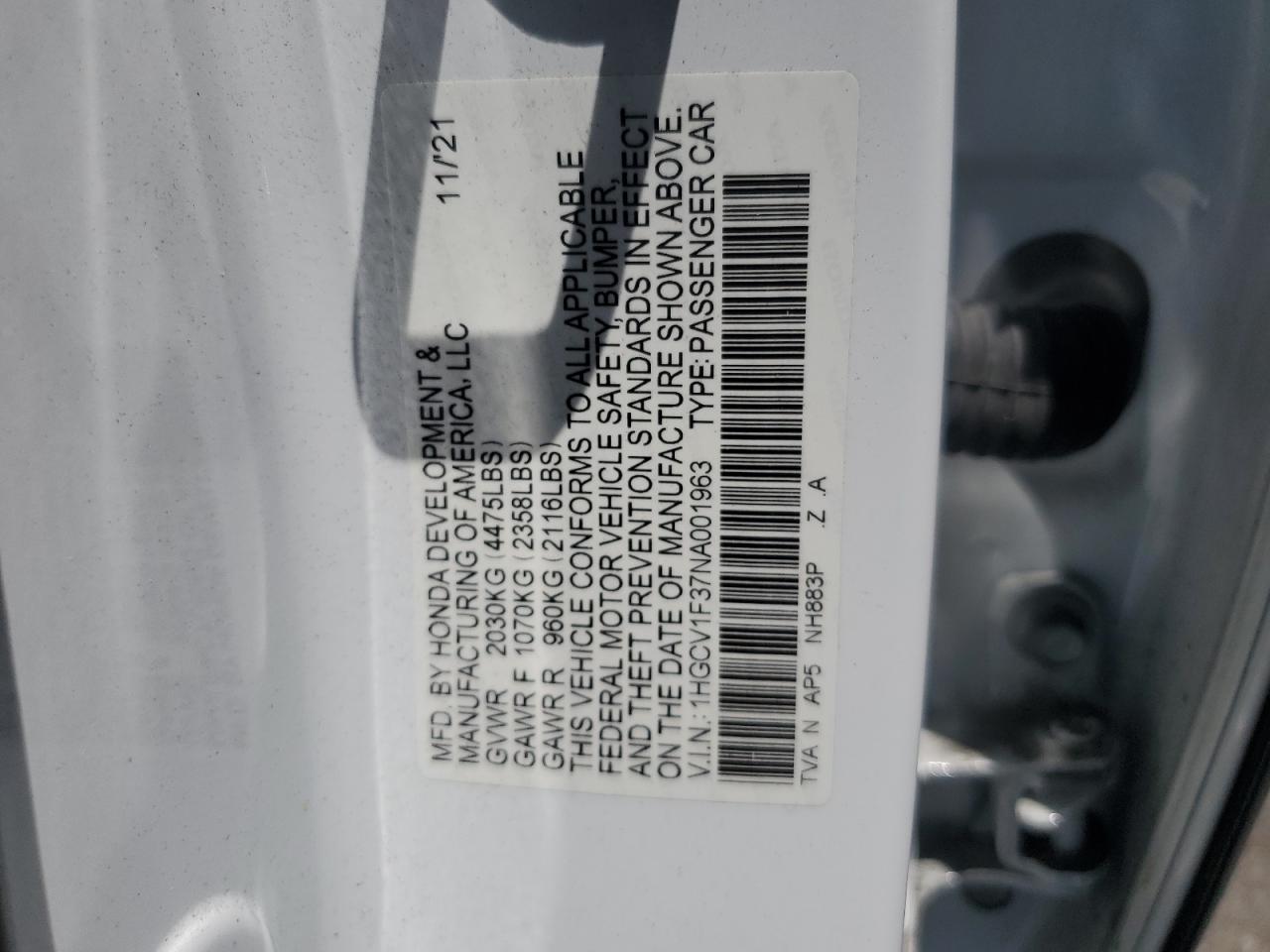 2022 Honda Accord Sport VIN: 1HGCV1F37NA001963 Lot: 61733894