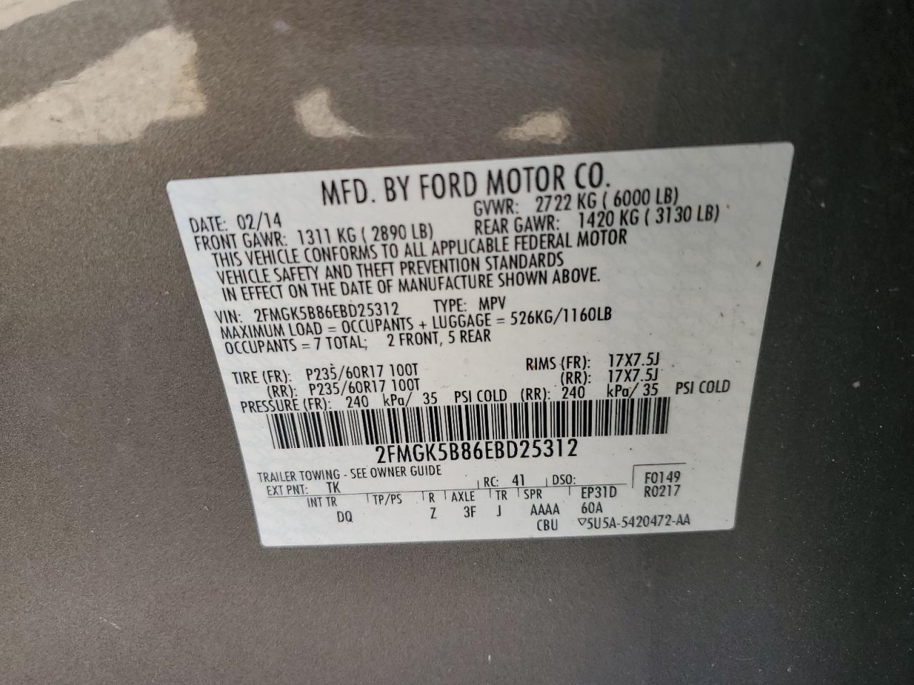 2FMGK5B86EBD25312 2014 Ford Flex Se