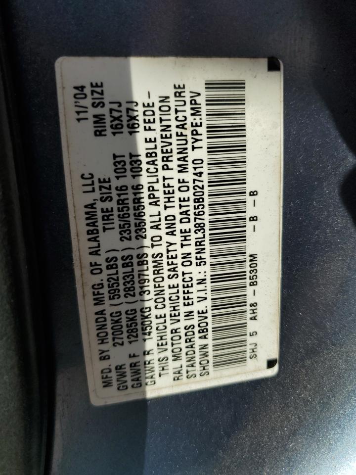 5FNRL38765B027410 2005 Honda Odyssey Exl