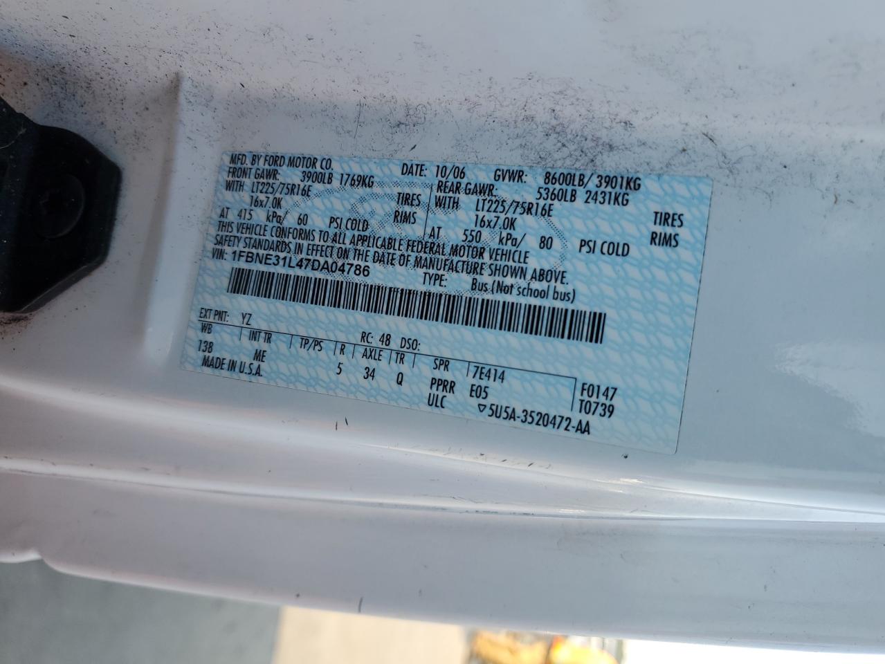 2007 Ford Econoline E350 Super Duty Wagon VIN: 1FBNE31L47DA04786 Lot: 62011654