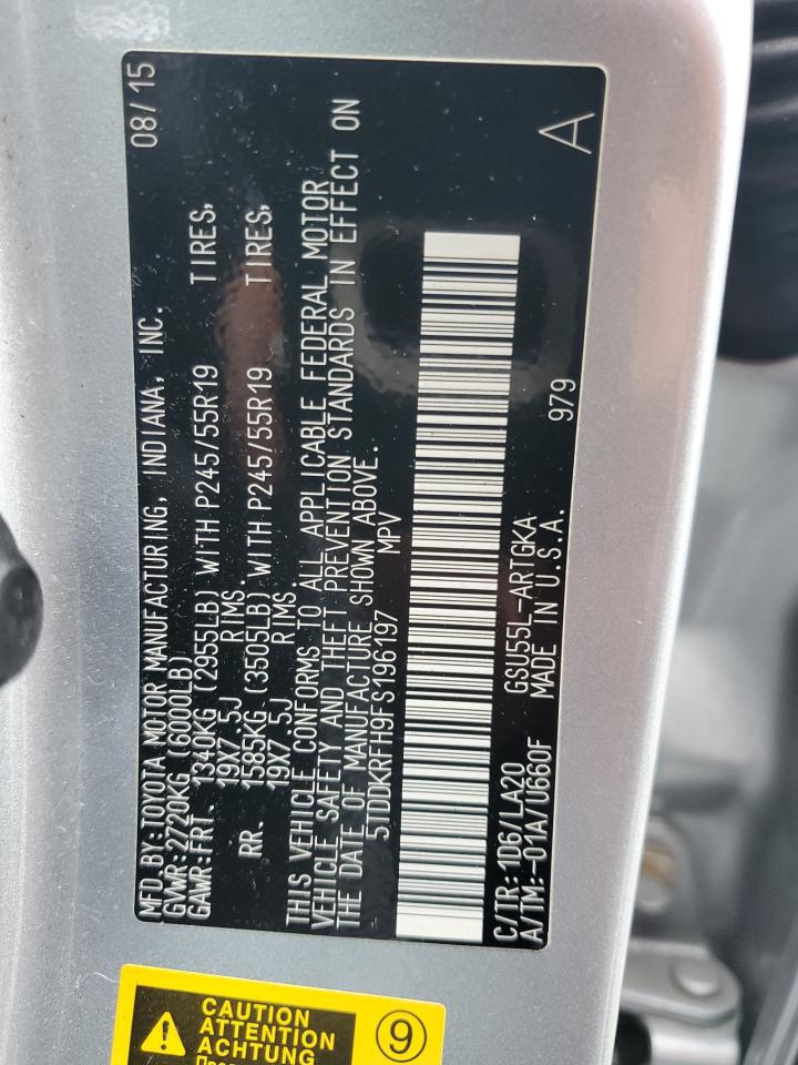 2015 Toyota Highlander Limited VIN: 5TDDKRFH9FS196197 Lot: 61895234