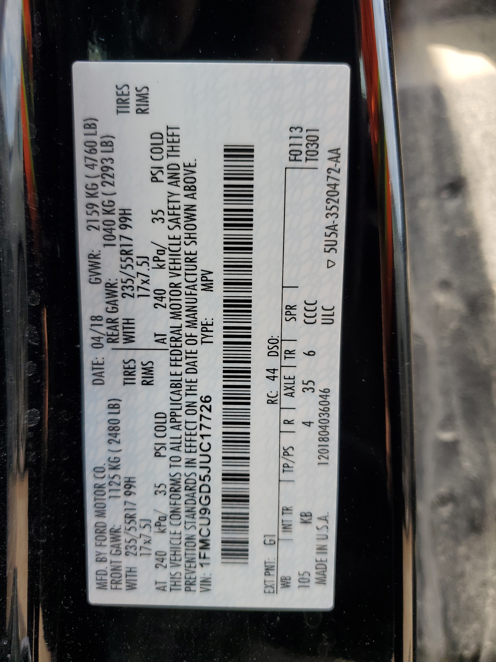 1FMCU9GD5JUC17726 2018 Ford Escape Se