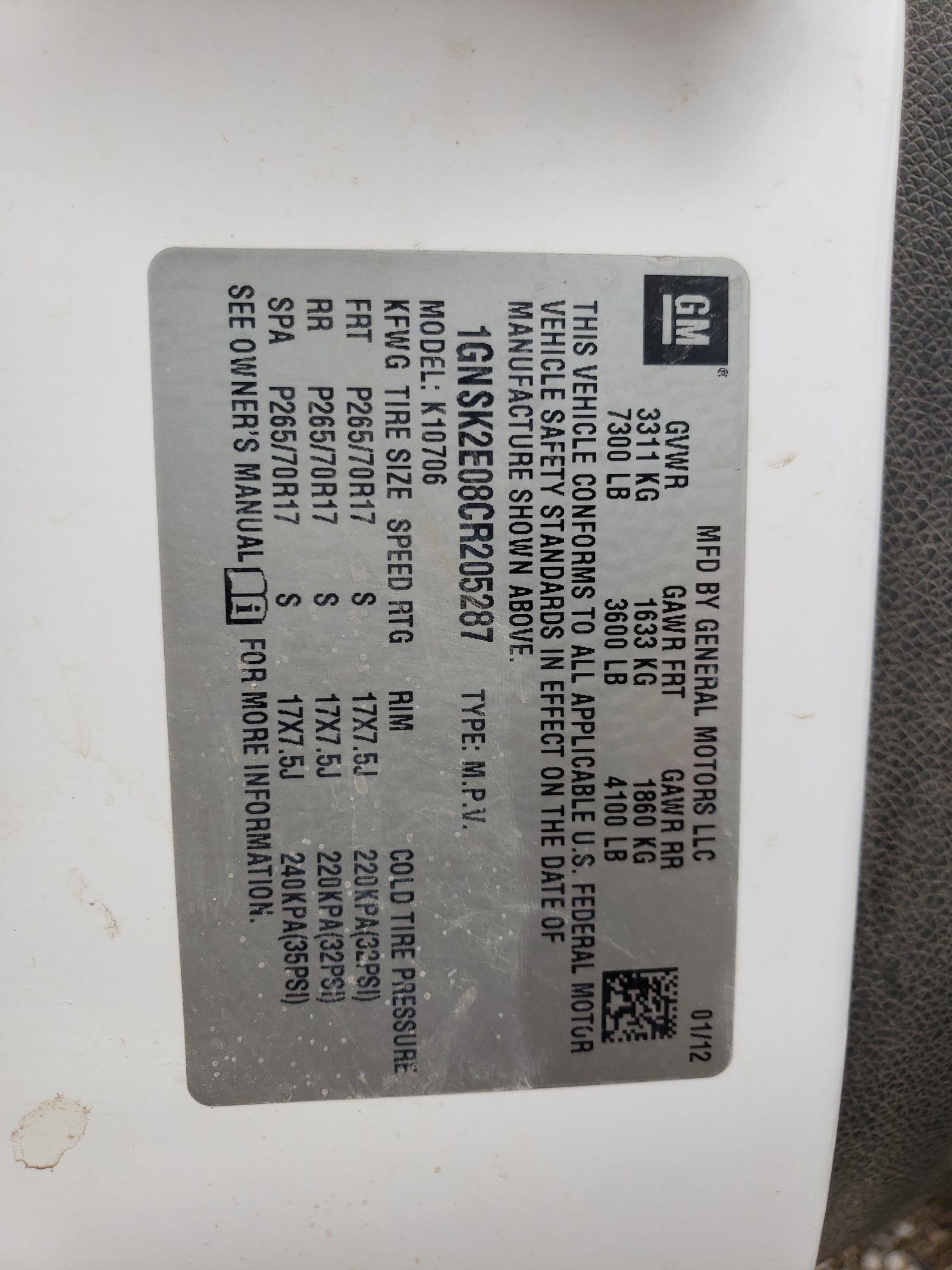 1GNSK2E08CR205287 2012 Chevrolet Tahoe Special