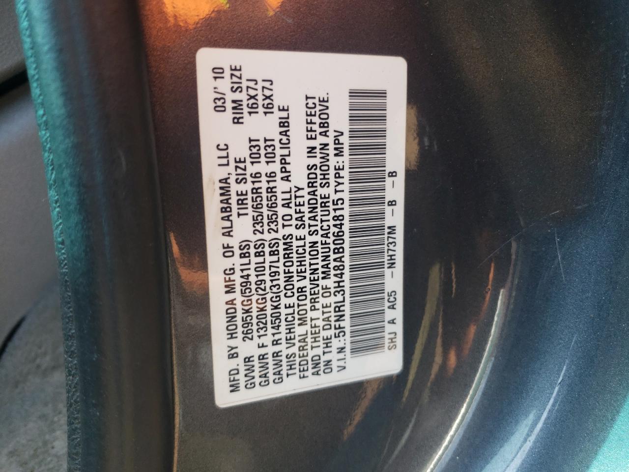 5FNRL3H48AB064815 2010 Honda Odyssey Ex