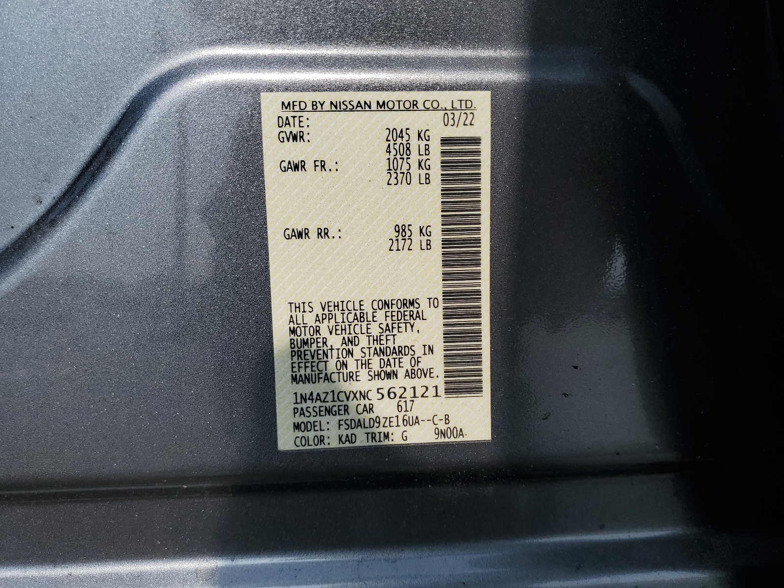 1N4AZ1CVXNC562121 2022 Nissan Leaf Sv