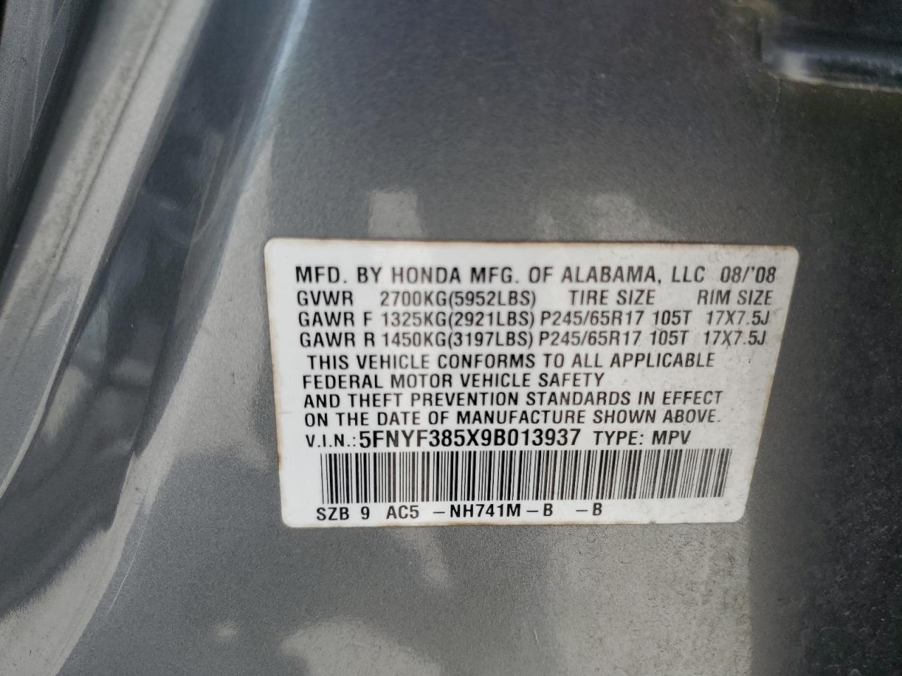 2009 Honda Pilot Exl VIN: 5FNYF385X9B013937 Lot: 63104424