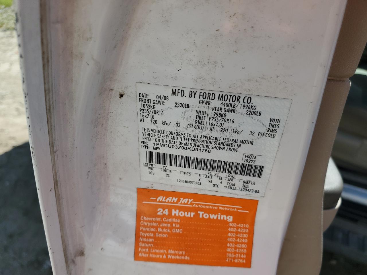 2008 Ford Escape Xlt VIN: 1FMCU03Z98KD91768 Lot: 63797134