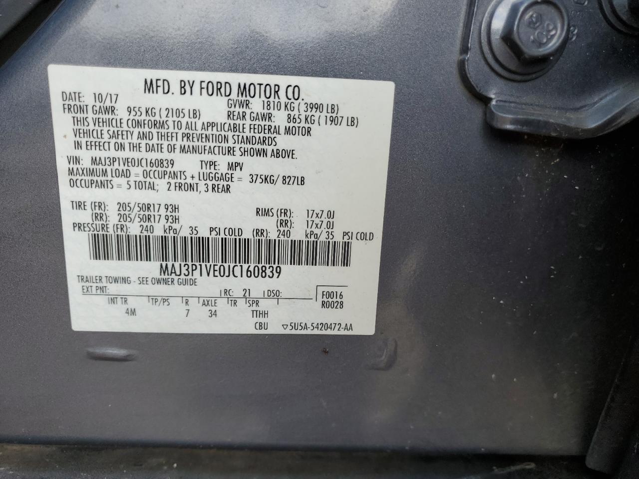 2018 Ford Ecosport Titanium VIN: MAJ3P1VE0JC160839 Lot: 63147884