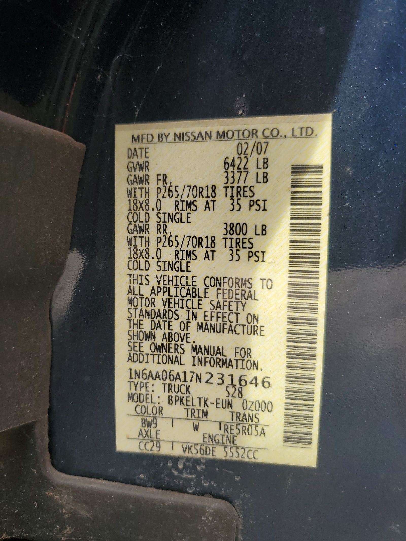 1N6AA06A17N231646 2007 Nissan Titan Xe