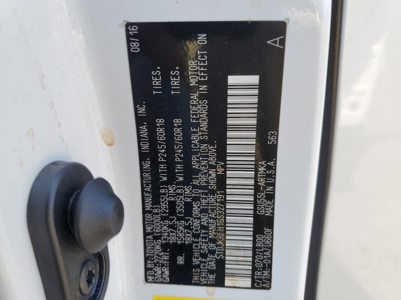 2016 Toyota Highlander Xle VIN: 5TDJKRFH1GS327191 Lot: 63842514