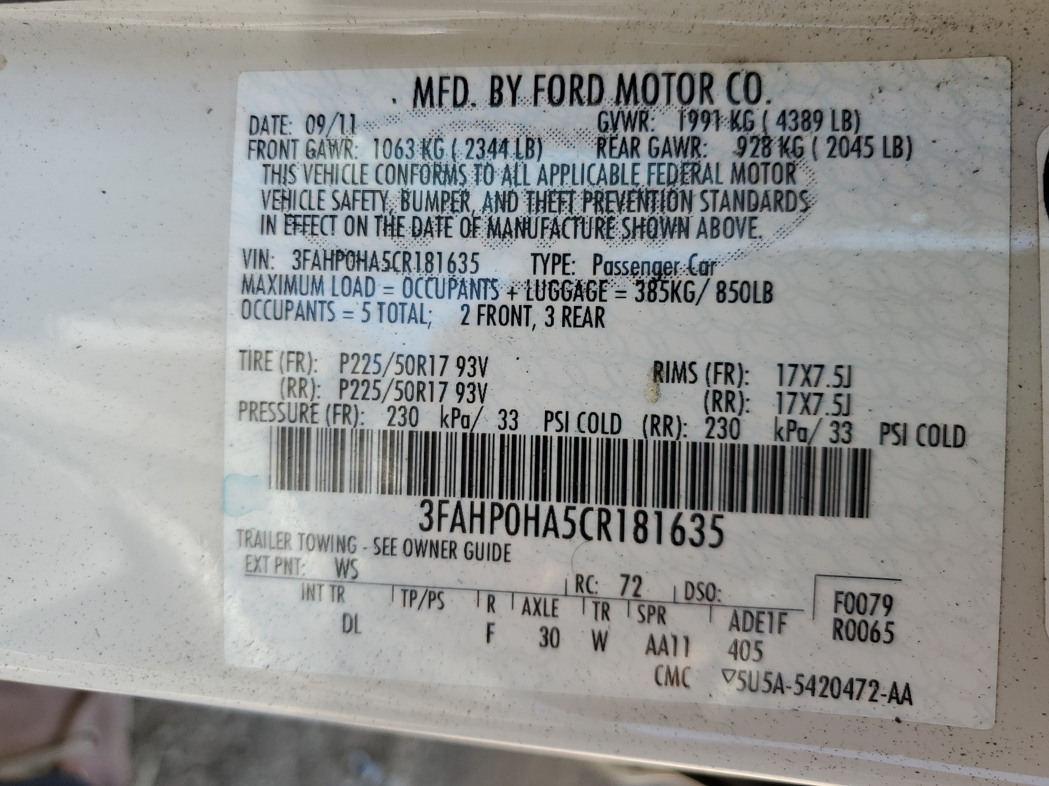3FAHP0HA5CR181635 2012 Ford Fusion Se