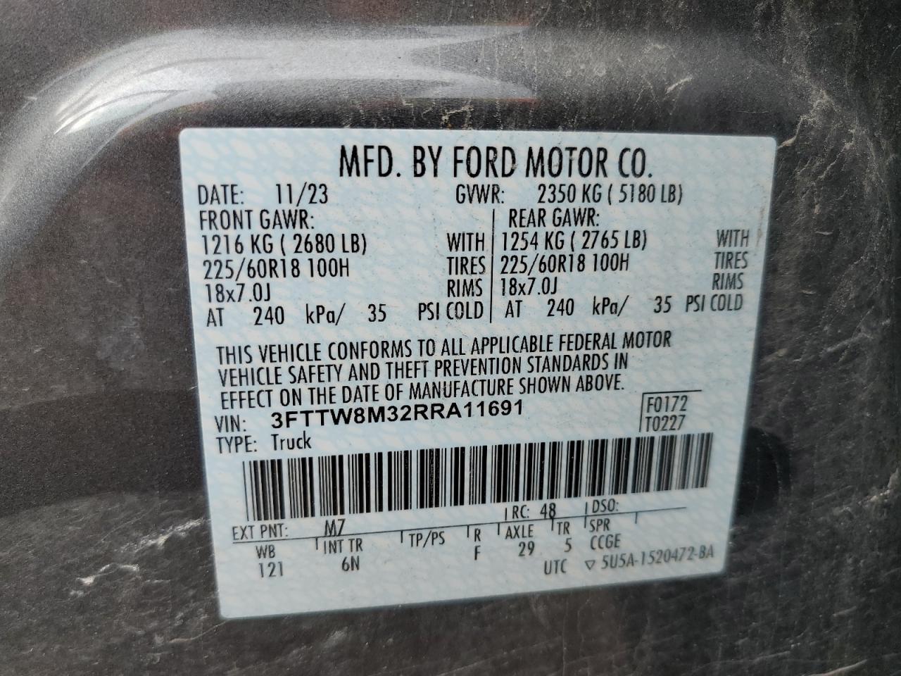 2024 Ford Maverick Lariat VIN: 3FTTW8M32RRA11691 Lot: 62057804