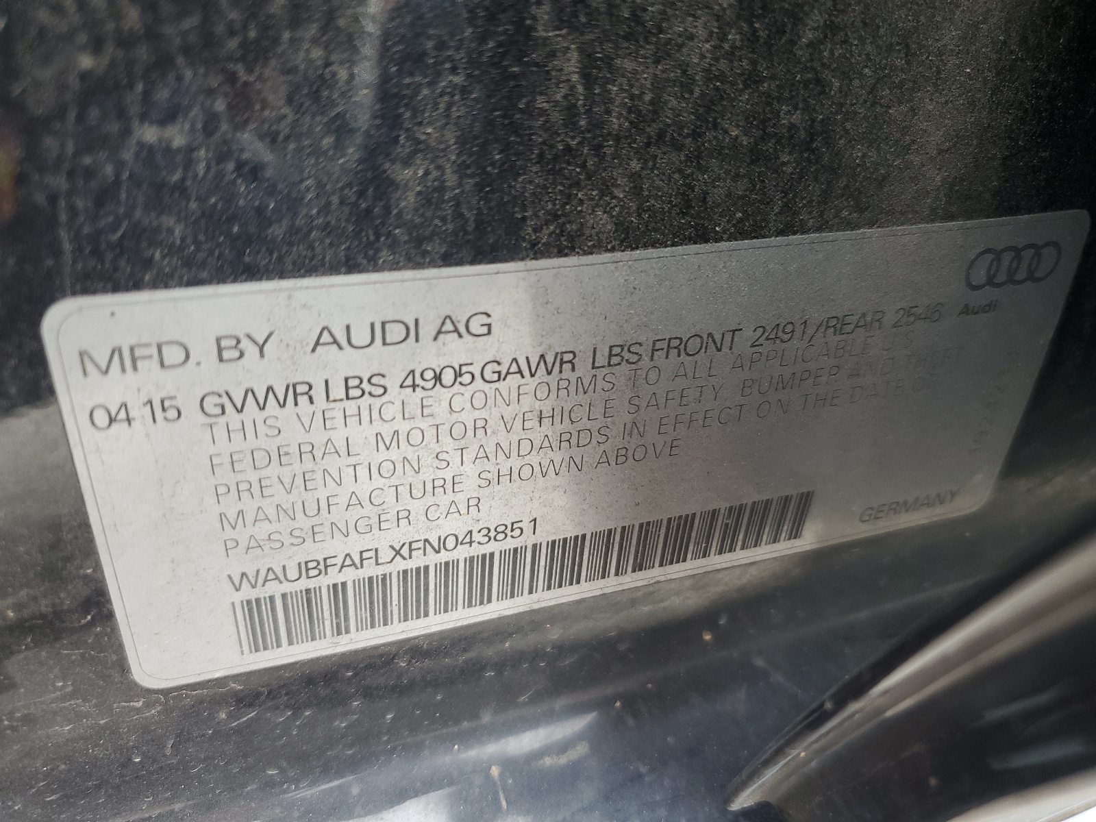 WAUBFAFLXFN043851 2015 Audi A4 Premium