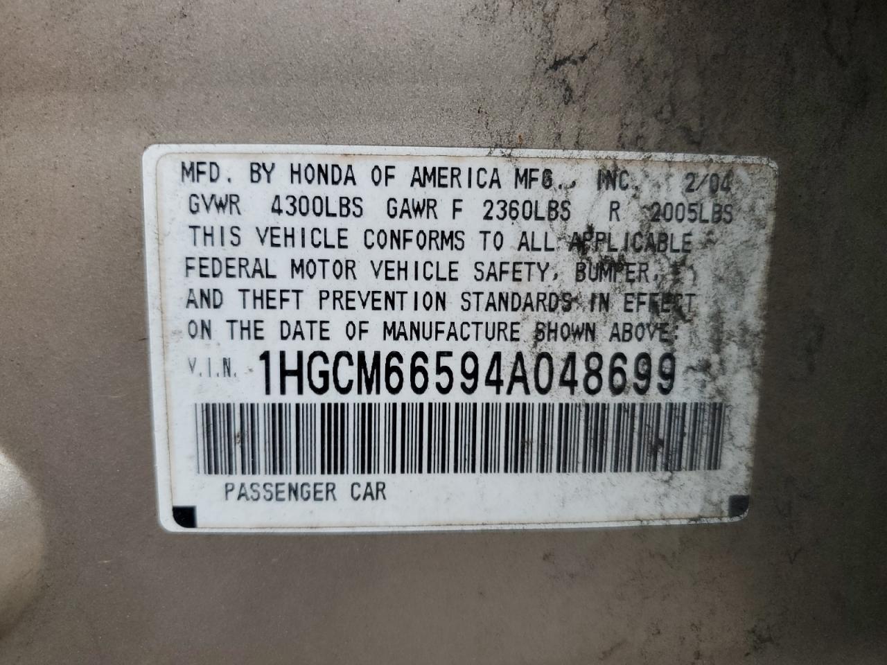 2004 Honda Accord Ex VIN: 1HGCM66594A048699 Lot: 63352264