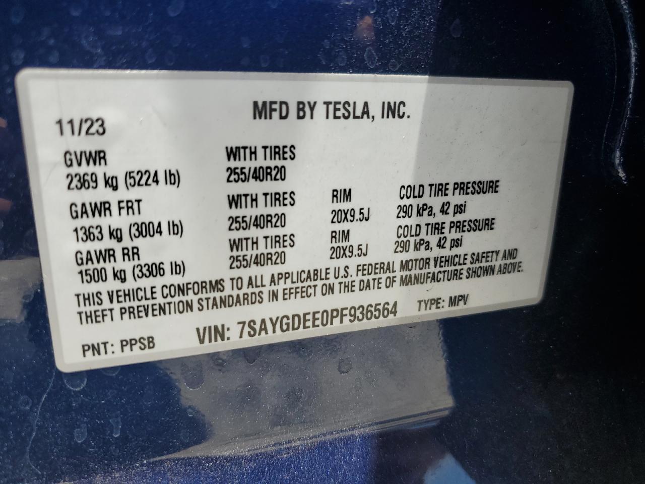 2023 Tesla Model Y VIN: 7SAYGDEE0PF936564 Lot: 63034254