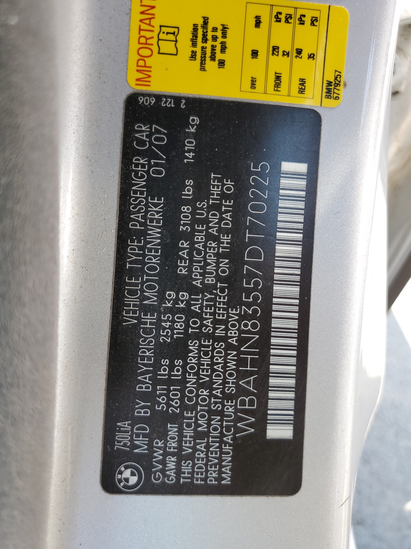 WBAHN83557DT70225 2007 BMW 750