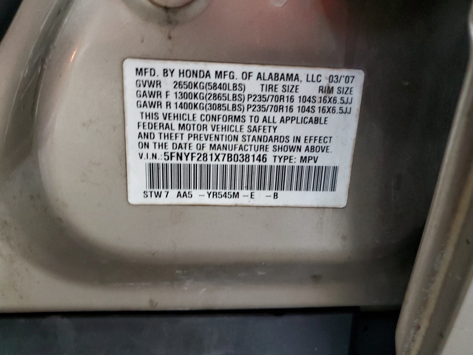 5FNYF281X7B038146 2007 Honda Pilot Lx