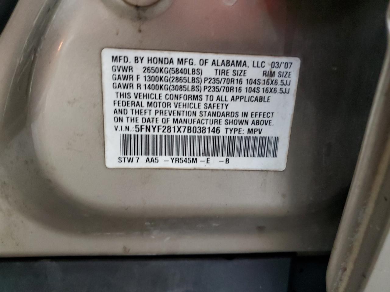 2007 Honda Pilot Lx VIN: 5FNYF281X7B038146 Lot: 64686624