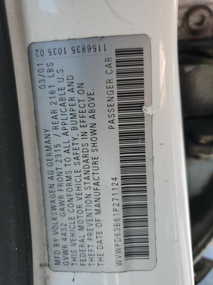 2001 Volkswagen Passat Gls VIN: WVWPD63B61P271124 Lot: 65071864