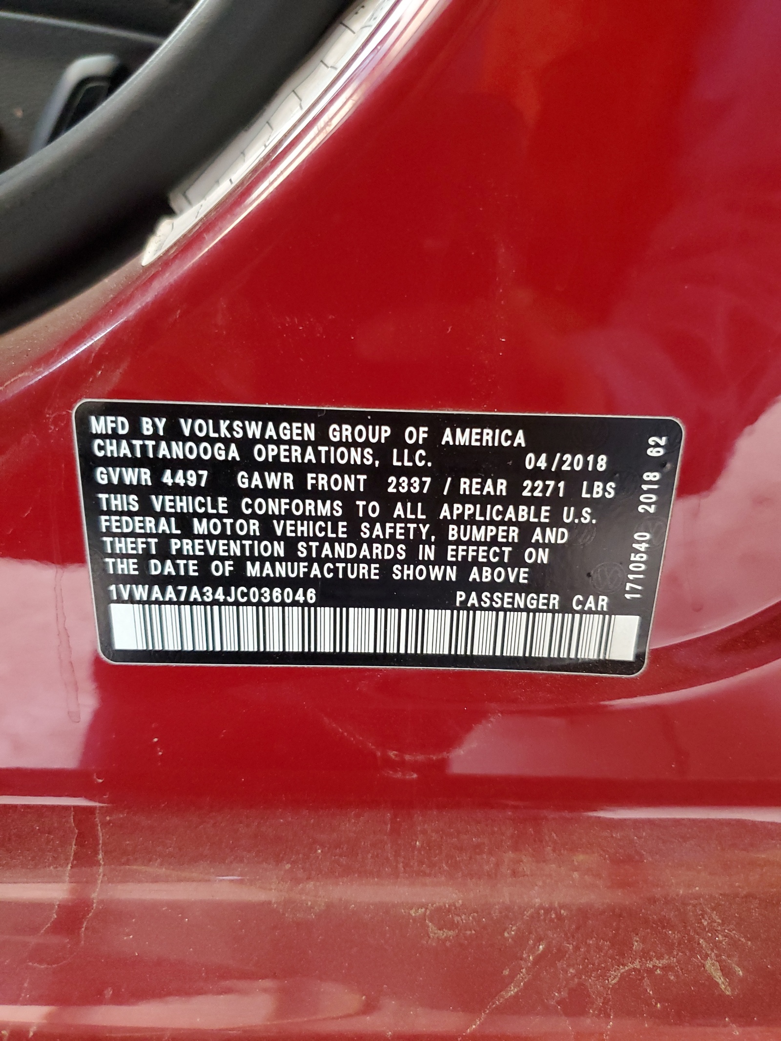 1VWAA7A34JC036046 2018 Volkswagen Passat S