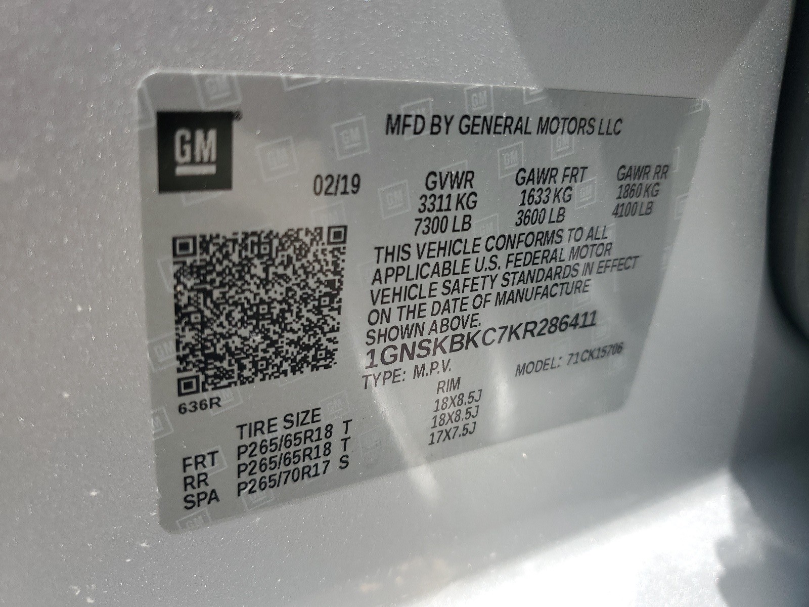 1GNSKBKC7KR286411 2019 Chevrolet Tahoe K1500 Lt