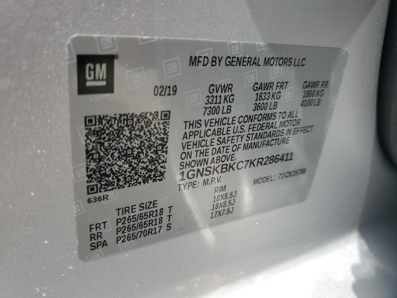 2019 Chevrolet Tahoe K1500 Lt VIN: 1GNSKBKC7KR286411 Lot: 61342784