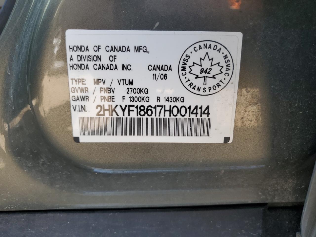 2007 Honda Pilot Exl VIN: 2HKYF18617H001414 Lot: 62170964