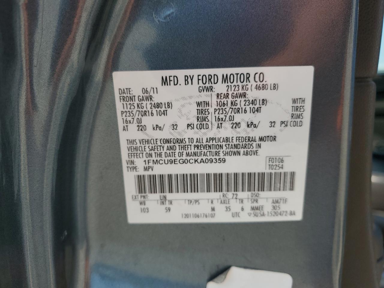 2012 Ford Escape Limited VIN: 1FMCU9EG0CKA09359 Lot: 65236164