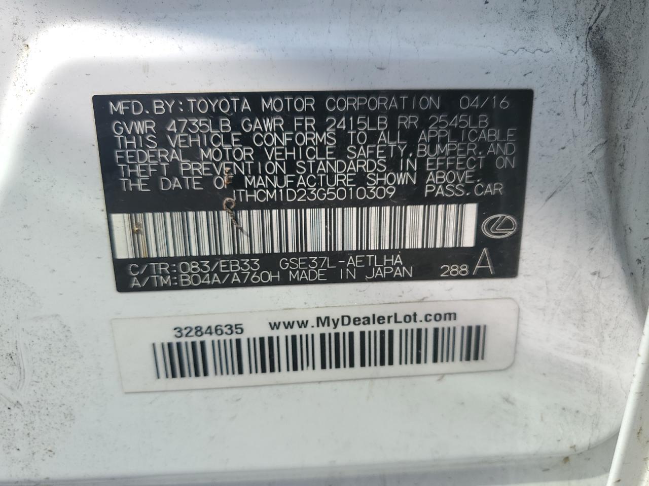 2016 Lexus Is 300 VIN: JTHCM1D23G5010309 Lot: 61175854