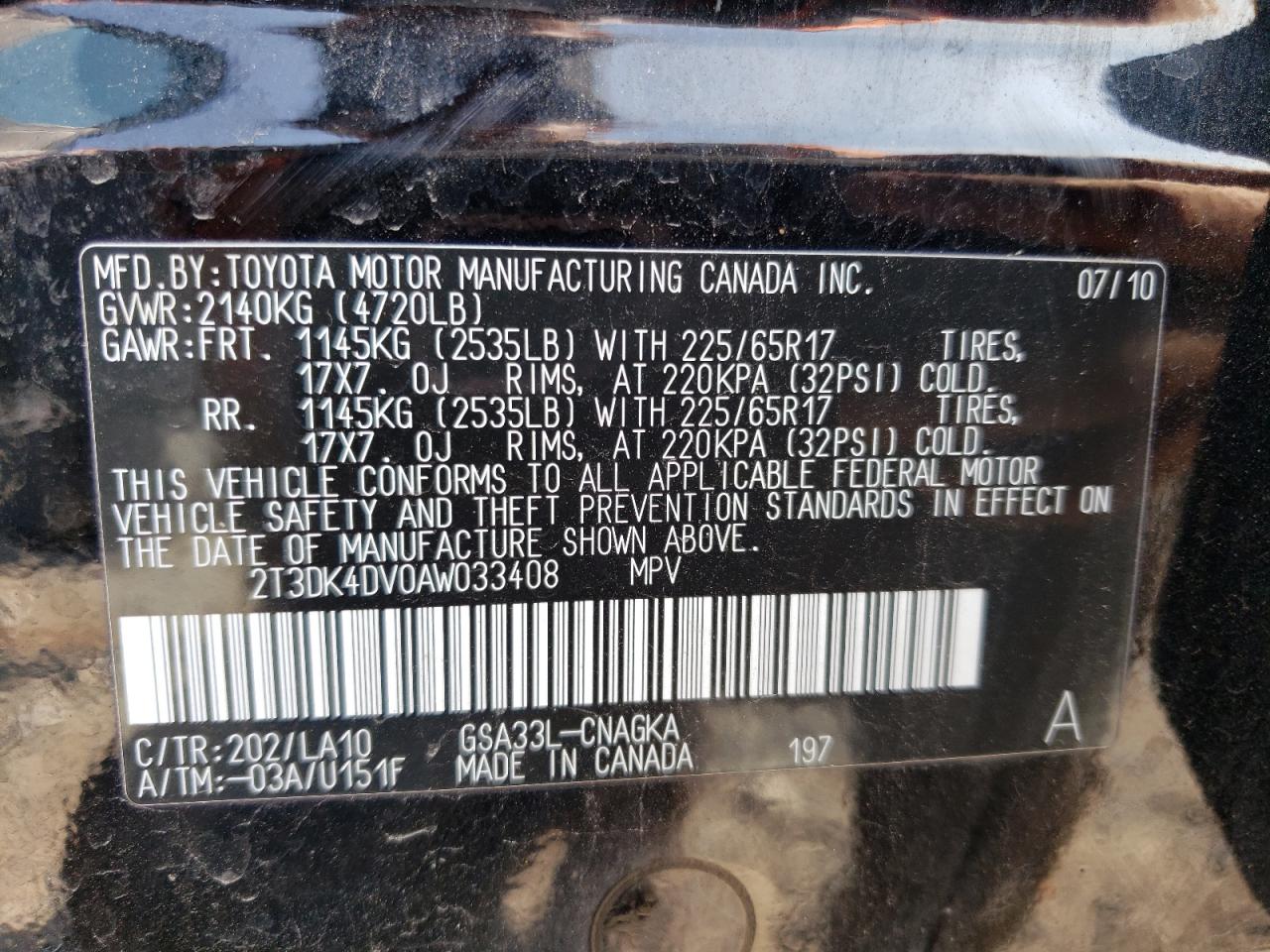 2010 Toyota Rav4 Limited VIN: 2T3DK4DV0AW033408 Lot: 65459514