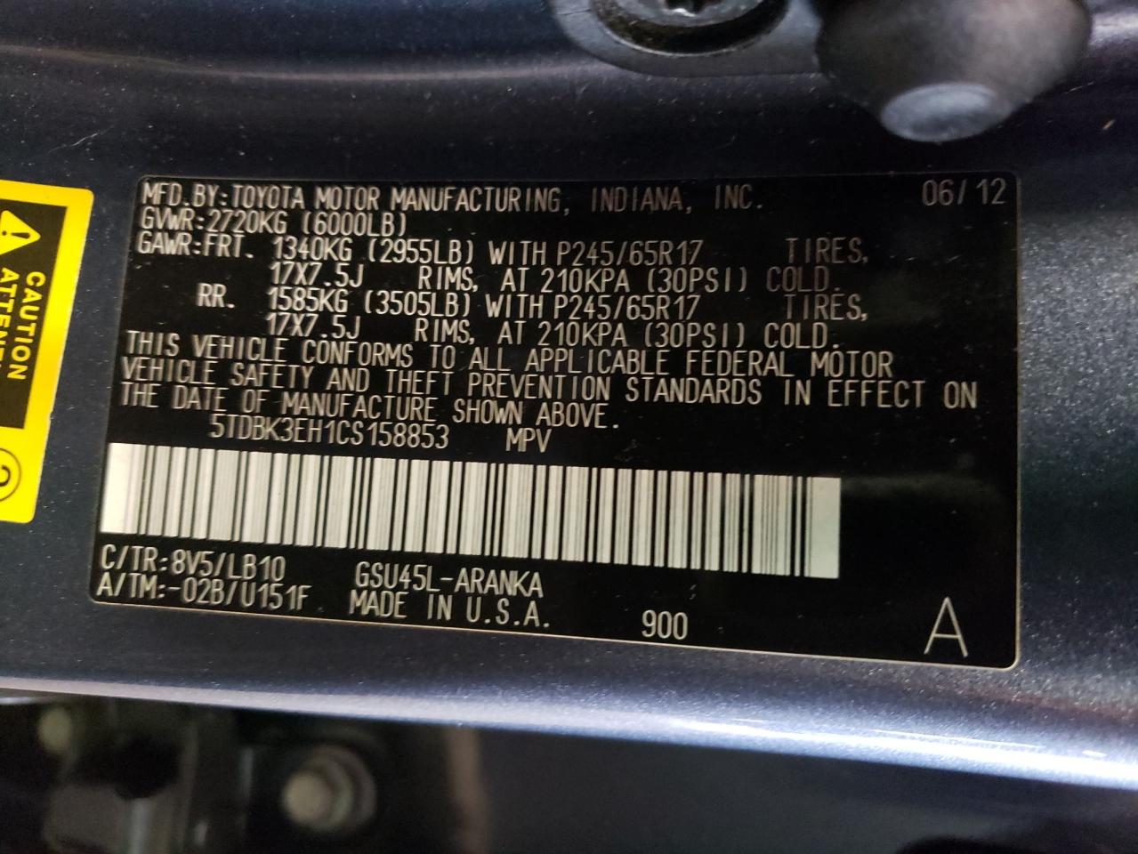 2012 Toyota Highlander Base VIN: 5TDBK3EH1CS158853 Lot: 65418634