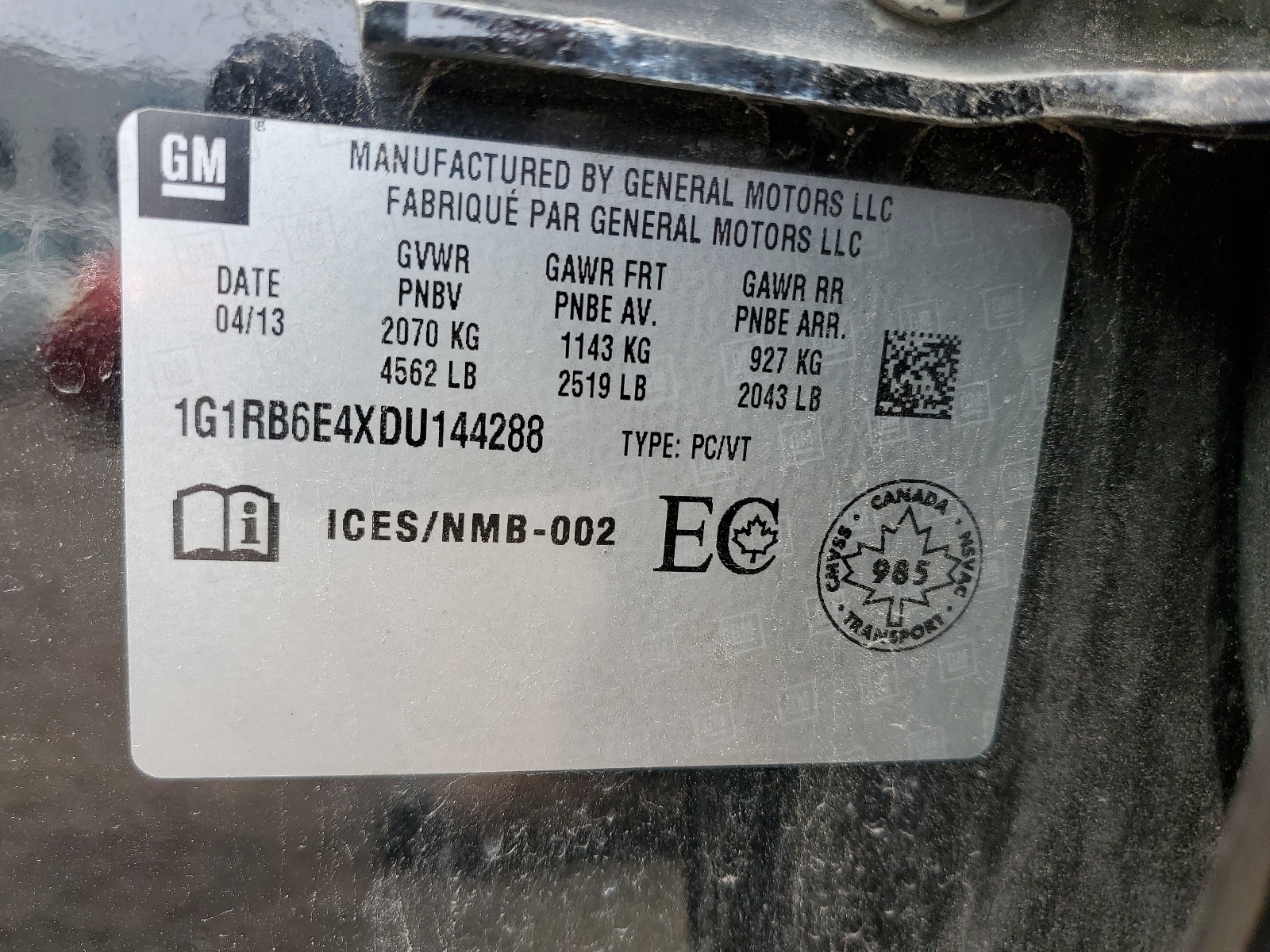 1G1RB6E4XDU144288 2013 Chevrolet Volt