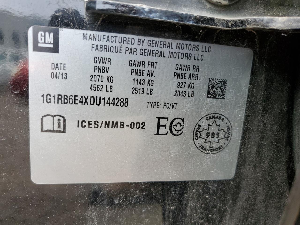 2013 Chevrolet Volt VIN: 1G1RB6E4XDU144288 Lot: 63217914