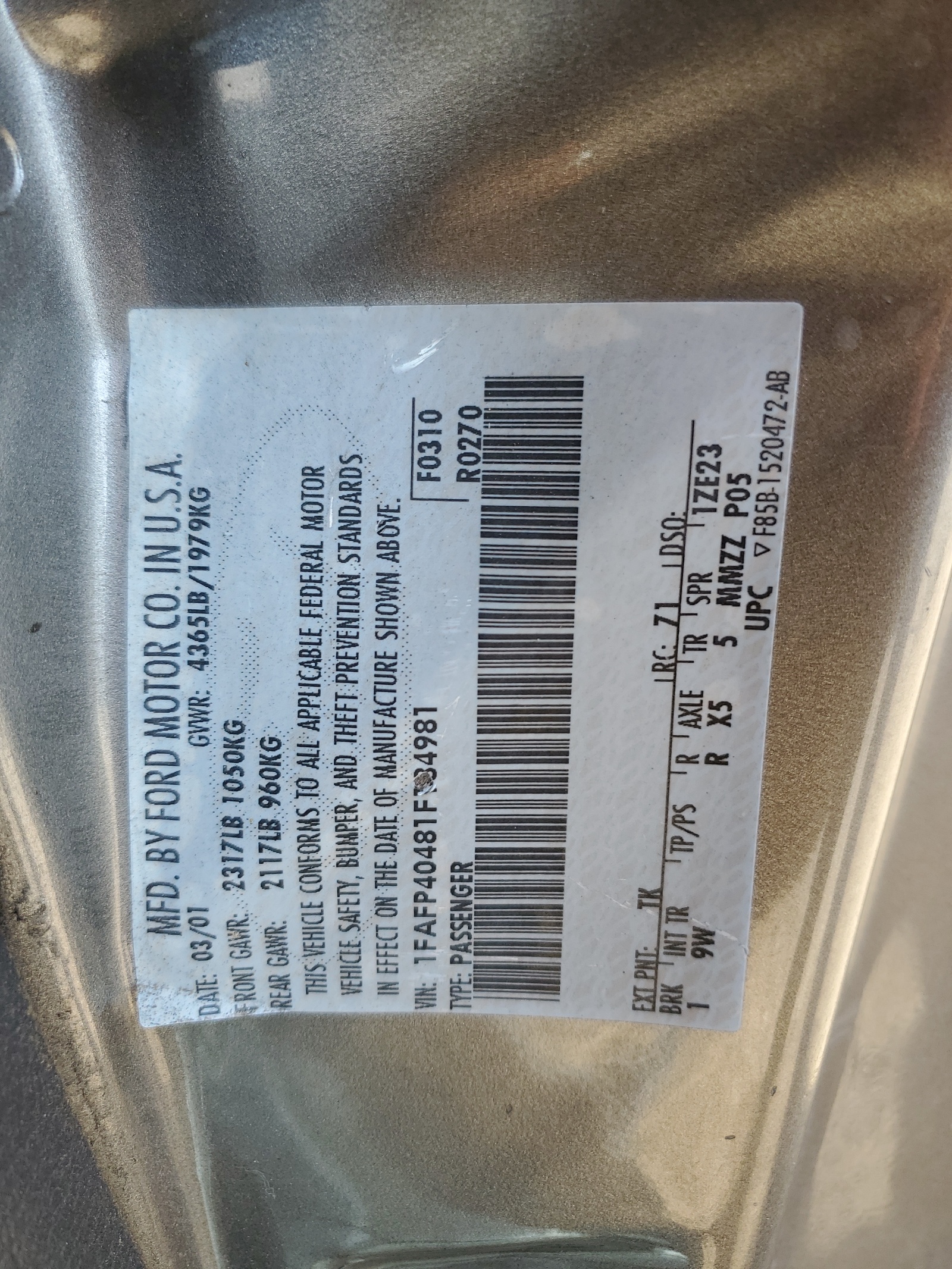 1FAFP40481F184981 2001 Ford Mustang