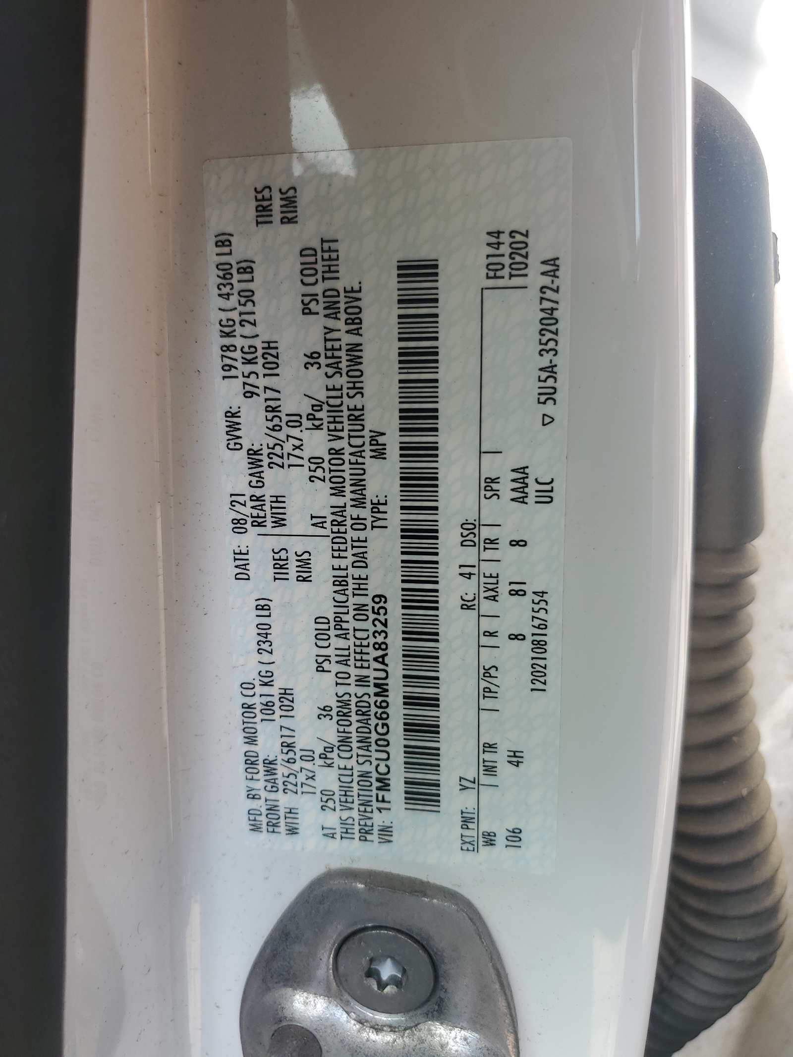 1FMCU0G66MUA83259 2021 Ford Escape Se