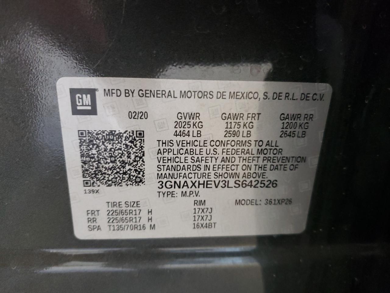 2020 Chevrolet Equinox Ls VIN: 3GNAXHEV3LS642526 Lot: 64168164